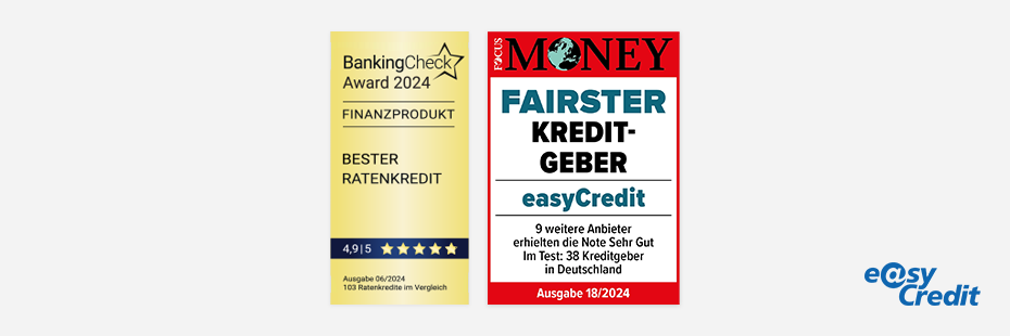 BankingCheck Award 2022, 2023 und 2024: easyCredit bester Ratenkredit mit 4,9 von 5 Punkten BankingCheck Award 2022, 2023 und 2024: easyCredit bester Ratenkredit mit 4,9 von 5 Punkten